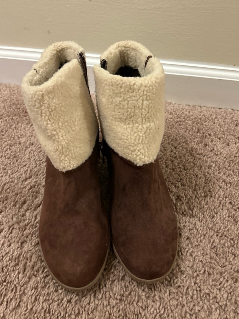 Women's Brown Suede Ankle Boots with Cream Shearling Cuff